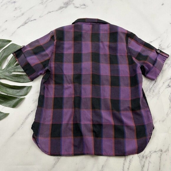 AM Casuals Womens Vintage Top Size M Purple Black Plaid Pinup Retro Button Up - Picture 8 of 12